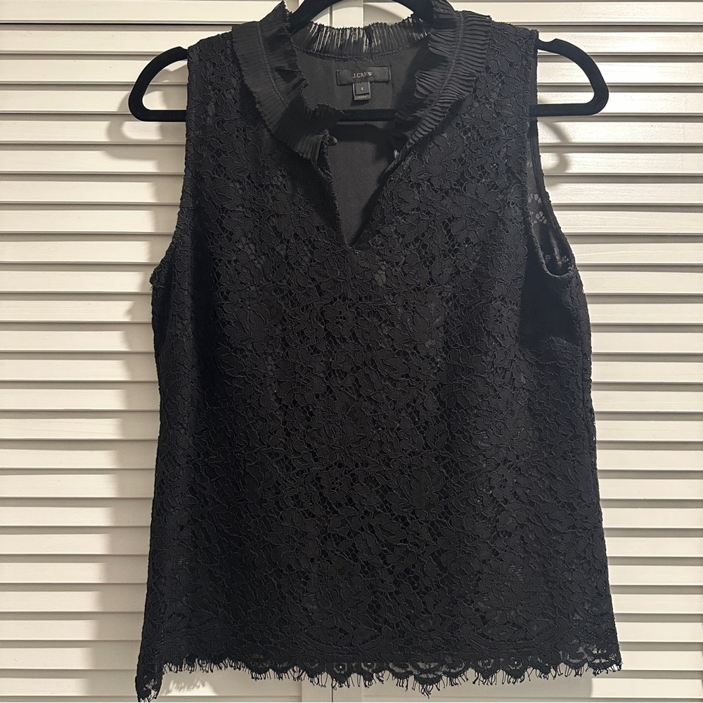 J.Crew Lace Ruffleneck Top Black S